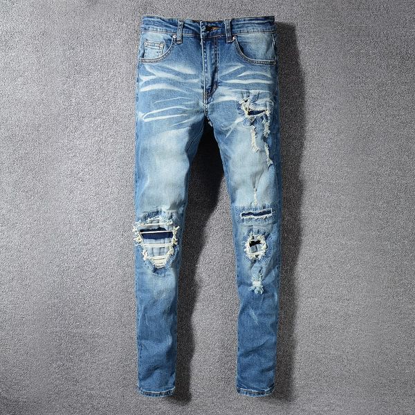 

2020ss style distressed ripped skinny jeans fashion designer mens jeans slim motorcycle moto biker causal mens denim pants hip hop men jeans, Blue