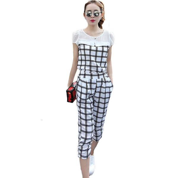 

casual two piece set summer tracksuit women plaid short sleeve and pants 2019 new fashion korean sweat two pieces suits, White