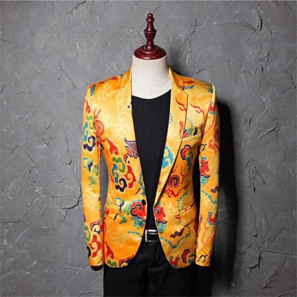 

new men blazer luxury gold dragon printing prom suit coat gothic slim party stage performance wedding host suit jacket, White;black