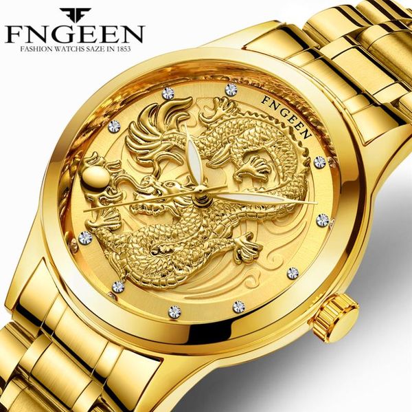 

fngeen series new genuine waterproof watch men gold dragon sculpture quartz watch luxury men steel wristwatch relogio masculino, Slivery;brown