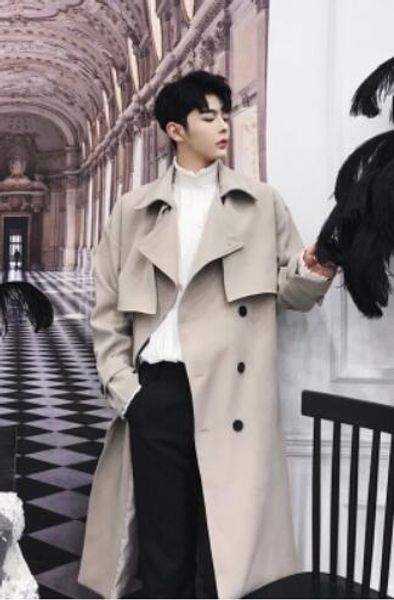 

xs-2xl 2020 new men clothing version loose long trench coat fashion korean casual plus size over-the-knee overcoat, Tan;black