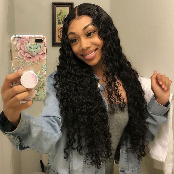 

brazilian deep wave full lace wigs human hair lace front wig pre plucked with baby hair natural black color, Black;brown