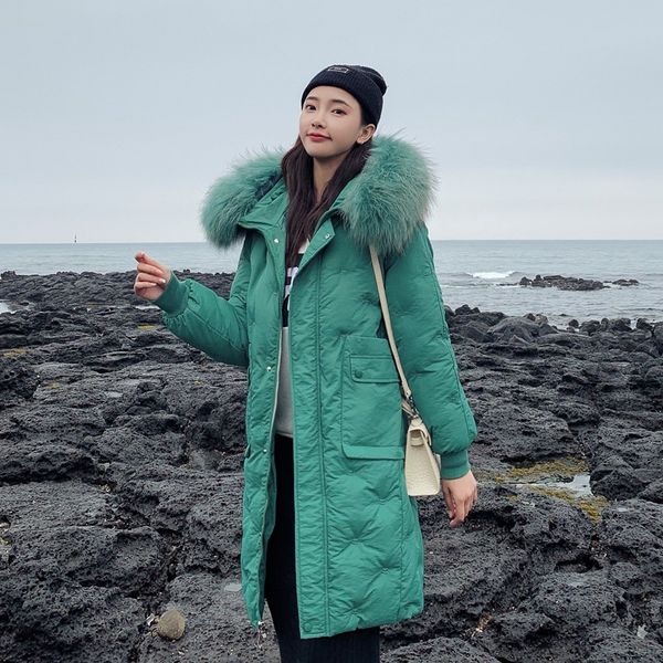 

2019 new style down jacket cotton-padded clothes women's long over-the-knee hooded large fur collar cold protective clothing emb, Blue;black