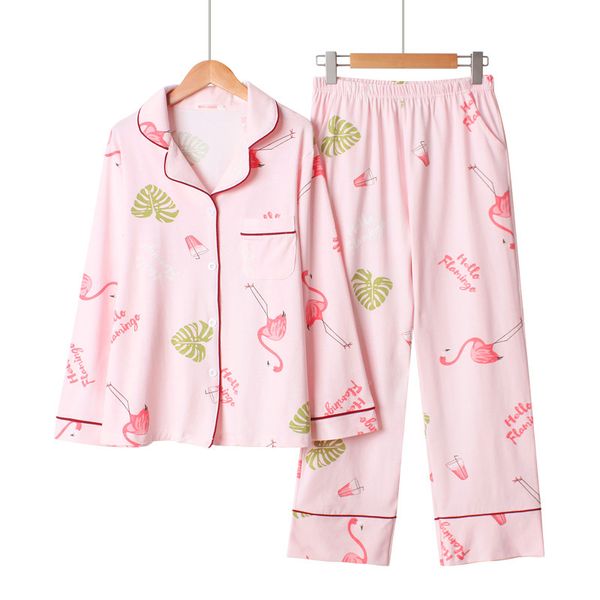 

flamingo printing pajamas 100% cotton long sleeve pyjamas women turn-down collar pijama mujer loungewear sleepwear home clothes, Blue;gray