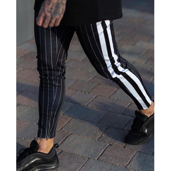 

fashion 2019 men casual stripe long trousers slim fit tracksuit sport gym skinny stripe jogging joggers sweat pants trousers1, Black