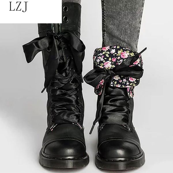 

2019 fashion motorcycle boots for girls spring/autumn wedges sturdy sole mid calf boots woman lace up solid casual shoes women, Black