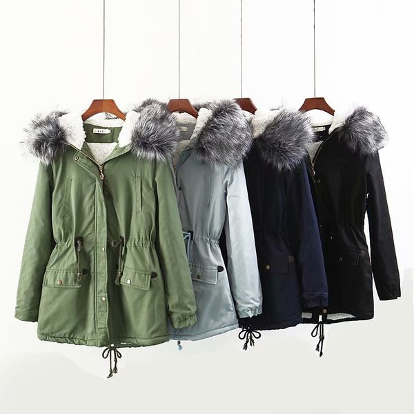 

women coats women winter thicken warm coat female hooded cotton fur plus size basic jacket womens parka fashion outerwear slim long ladies, Black