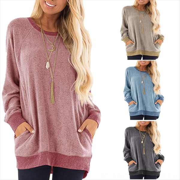 

2019 round collar contrast color pocket sweater long t- sweat sweatshirt sleeve pullover sport shirt casual t-shirt, White