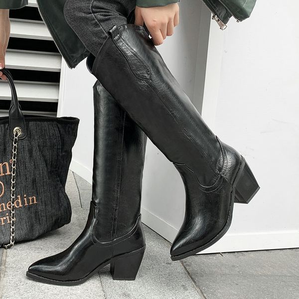 

chunky heel faux leather knee boots women comfort cowboy boots western winter women shoes pointed toe cowgirl black
