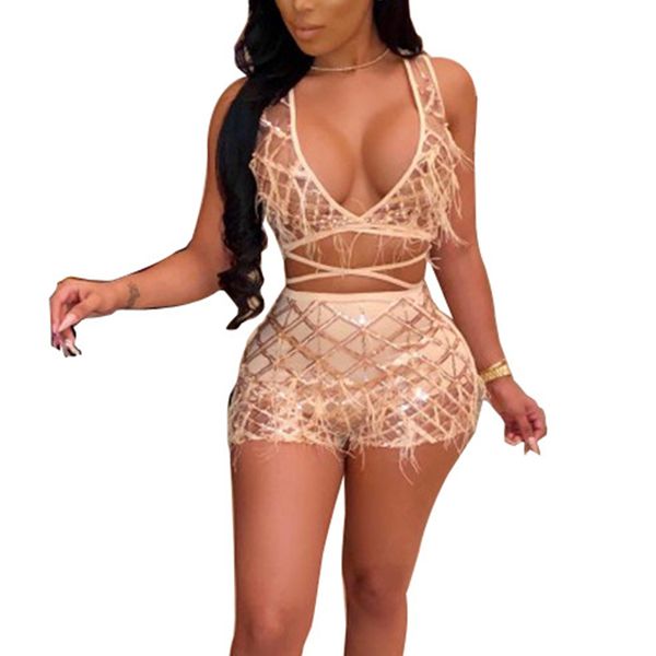 

sequin two pieces set v-neck tank crop and shorts sets sparkly woman two pieces outfits banquet party clubwear, Gray