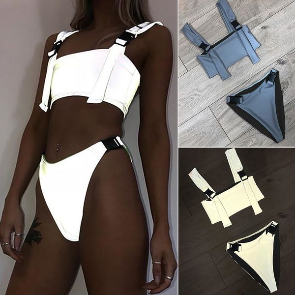 

buckle split outfits beach shorts summer women swimwear two piece fashion stitching crop bodycon flash reflective, White;black