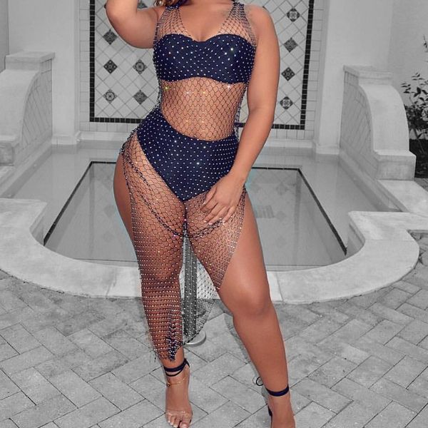 

swimwear crystal shiny cover up women summer fishnet hollow bikini cover up swimwear bathing suit white black