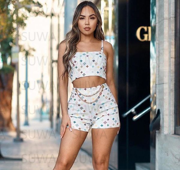 

2020 high street fashion print 2 piece set women suit streetwear short tees slip tank and empire waist shorts, Gray
