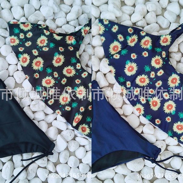 

sunflower printed split flounces bikini swimming trunks bikini shoulder solid color swimming trunks, Black