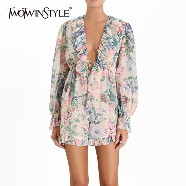 

twotwinstyle vintage print playsuit for women v neck long sleeve high waist ruffles bandage shorts female fashion 2019 summer, Black;white
