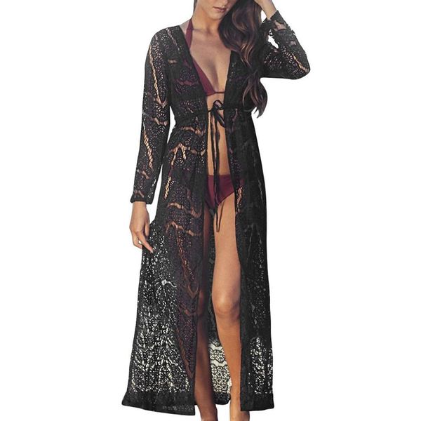 

new women casual long sleeve loose beachwear hollow out summer loose, front open swimsuit bikini cover up, Blue;gray