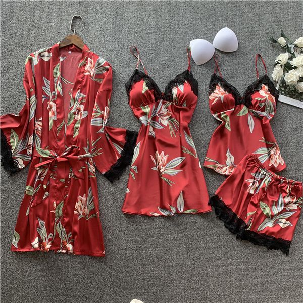 

атласной женщина 4шт nightyrobe костюм пижама sexy кружево кимоно халат платье цветок печать intimate lingerie женской домашняя одежды, Black;red