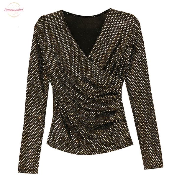 

autumn 2020 v neck wrapped t shirts petal sleeve women shiny bling stretchy club bottoming long sleeve camiseta mujer t99293, White