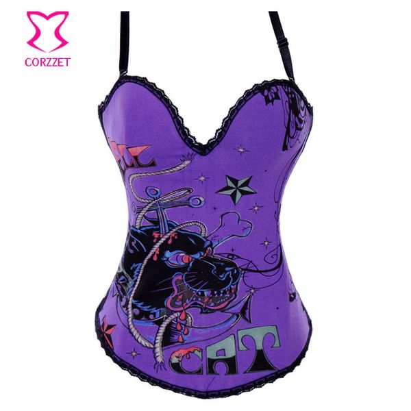 

hell cat print overbust burlesque corset bustier yellow/white/purple/gray cotton corselet overbust corpetes e espartilhos sexy, Black;white