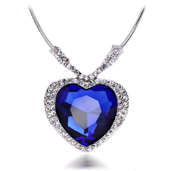 

swarovski 18k white gold plated blue crystal heart titanic necklace ladies wedding jewelry bride accessories jewelry, Silver