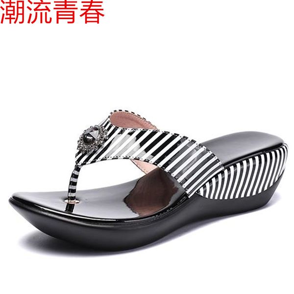 

новая платформа вьетнамки мода полоса пляжная обувь 2020 летняя женщина противоскользящие сандалии из натуральной кожи женские тапочки обувь, Black