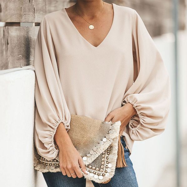 

women's chiffon black blouse with v-neck, with long sleeves-lantern, solid loose blouses for women 2020, summer office, White