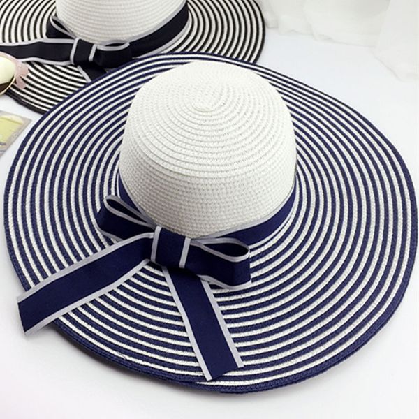 

2017 women striped bowknot summer sun hat straw large brimmed beach hats b2cshop, Black;white