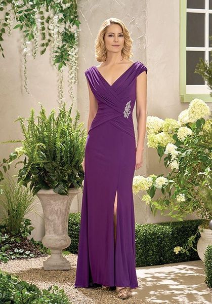 Roxo mãe da noiva vestidos com decote em v lado divisão plissado elegante mãe do noivo vestidos de festa até o chão vestido de convidado de casamento