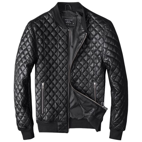 

men's 100% real sheepskin jackets diamond down cotton genuine leather jackets black motorycycle leather coat for male