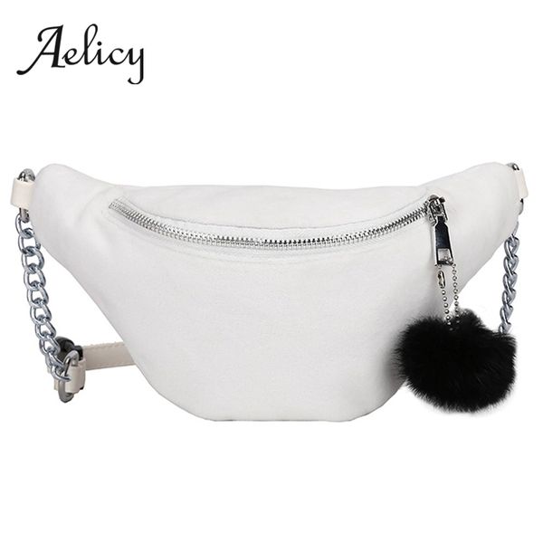 

aelicy women's pure color chian crossbody chest bags streetwear fashion hairball belt bag female corduroy soft waist pack