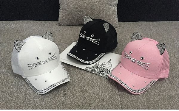 

maxi mercerized cotton cute cat drilling more rhinestone hat fashion hipster casual joker all-match baseball female cap adjustable shiny, Blue;gray