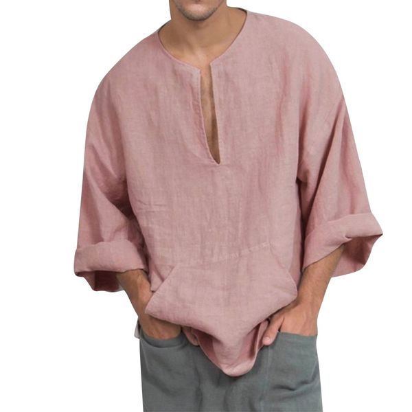 

fashion mens cotton linen loose solid long sleeve kaft thai shirt pullover blouse summer 2019 w413, White;black