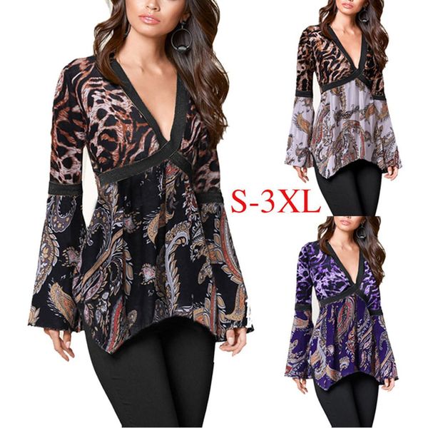

fashion 2019 women printed v-neck blouse and loose leopard print patchwork irregular hem blouse blusas femininas, White