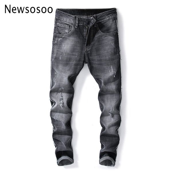 

европейский американский стиль моды бренд мужские джинсы черные дыры роскошные мужчины тонкий джинсовые брюки тонкий карандаш брюки черные д, Blue