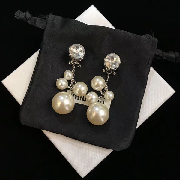 

wholesale- round crystal white pearl tassel long dangle drop clip earrings for women jewelry, Silver
