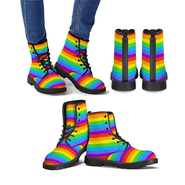 

forudesigns colorful rainbow flag printing ankle boots winter pu leather women boots round toe lace-up women shoes female autumn, Black
