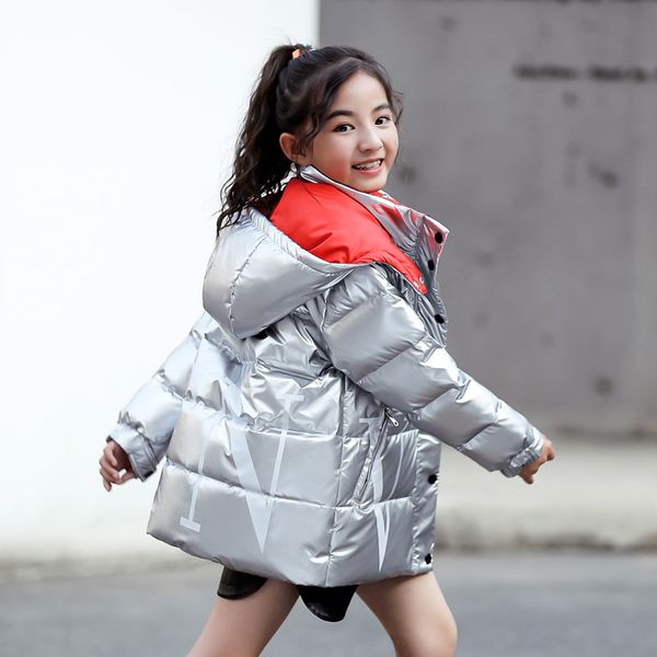 

2019 winter baby girls down parkas jackets snow wear thick warm children duck down coats letter glossy kids outwears 5-13t, Blue;gray