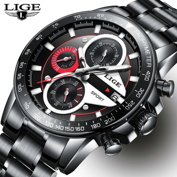 

lige mens watches fashion business quartz watch men sport full steel waterproof black clock relogio masculino, Slivery;brown