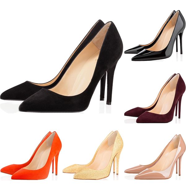 

with box 2020 fashion luxury designer women shoes high heels 8cm 10cm 12cm red bottoms leather pointed toes pumps bottoms dress shoes, Black