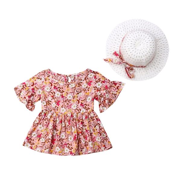 

new sweet 2pcs kids baby girl short sleeve dress flower party pageant dresses+hat set, Red;yellow
