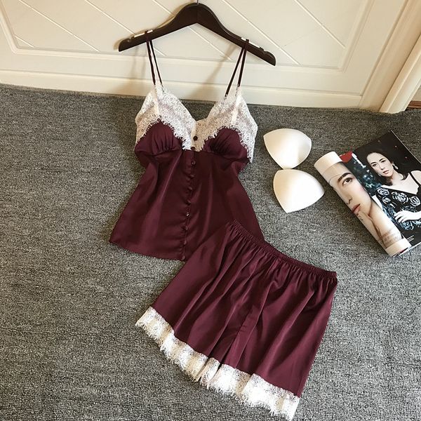 

2019 summer women silk pajamas sets with shorts female satin lace spaghetti strap backless pyjama pijama with chest pads, Blue;gray