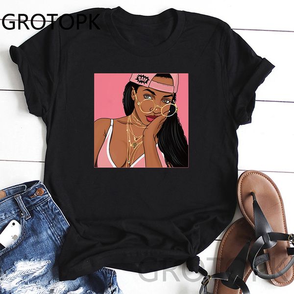 

меланин печать женщина cute напечатали короткий рукав футболка женского cute tops casual o-образный вырез мягкой tee женщины смешной tshirt, White