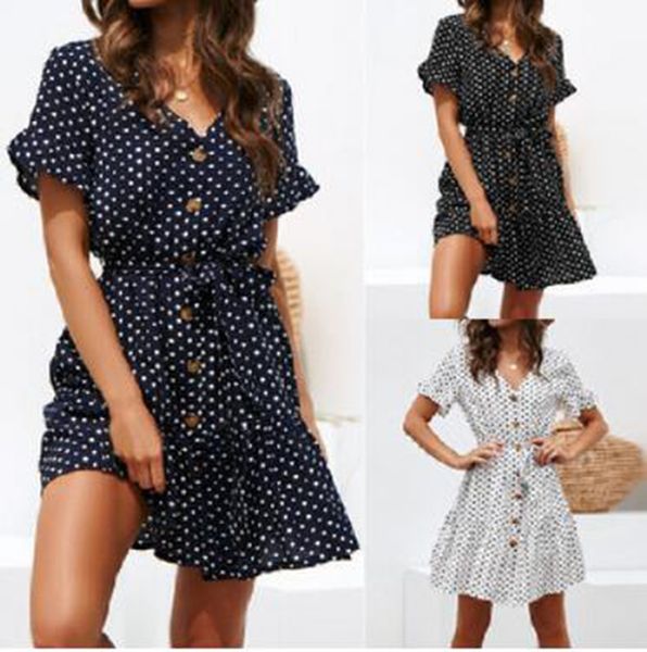 

wholesale fashion explosion models women spring and autumn polka dot printing v-neck button lace up chiffon dress, Black;gray