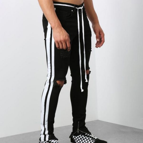 

fashion streetwear men jeans vintage skinny destroyed ripped jeans for men broken punk pants homme holes hip hop black, Blue