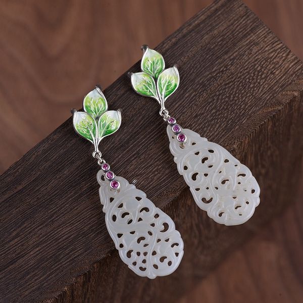 

s925 sterling silver and sky long-leaf carved earring women, Golden;silver