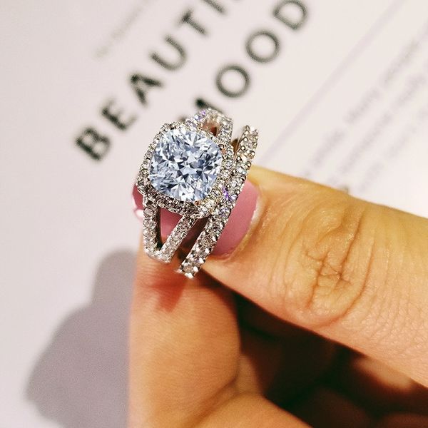 

2019 new cushion 925 sterling silver wedding ring set for women lady anniversary gift jewelry wholesale moonso r5121