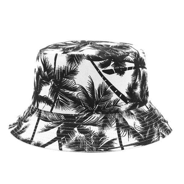 

canvas fisherman hat printed coconut tree double-sided wearing cap outdoor travel visor bucket hat, Black;white