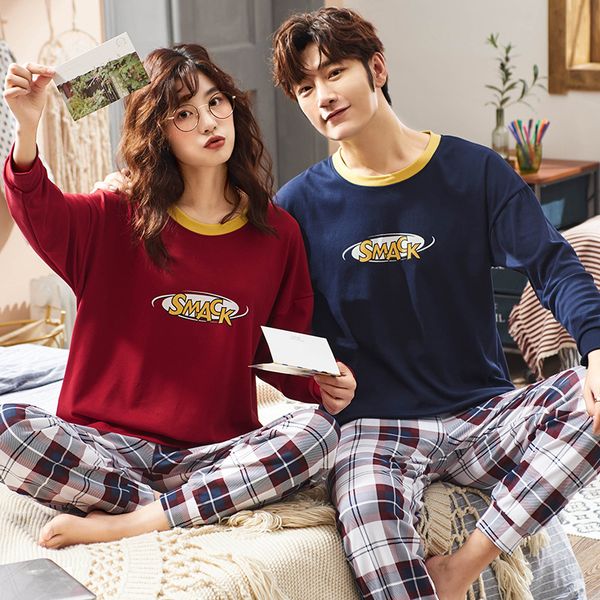 

pajamas sets lovers pure cotton fashion women sleepwear suit letter + plaid pants 2 piece home couple lounge gift xxxl, Black;red