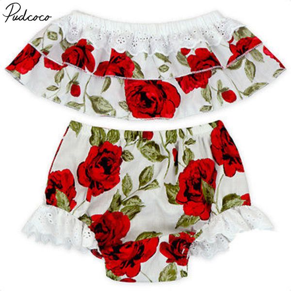 

pudcoco lovely baby kid girls summer floral printed a word shoulder t-shirt+shorts 2pcs set 0-6years, White