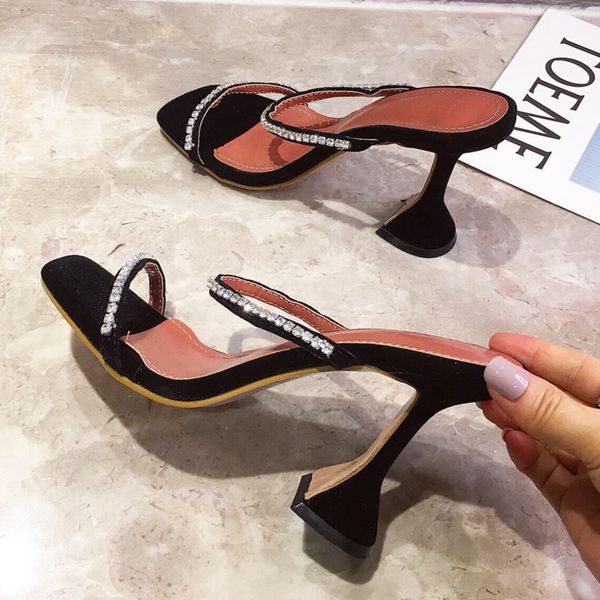 

leopard grain summer 2020 mules slippers women fashion sandals open toe diamond crystal high heels spike heel shoes, Black